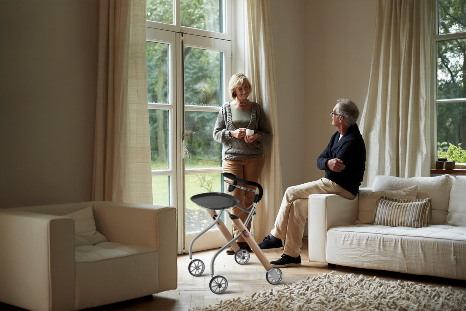 Full length of senior couple looking at each other in country house